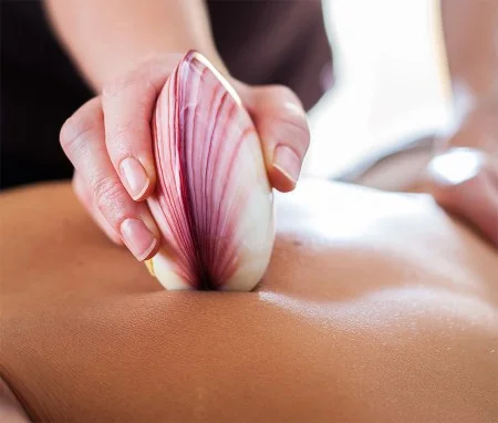 Coquillage chaud glissé sur le dos pendant un massage